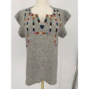 THML Gray Embroidered Split Neck Flutter Sleeve Knit Top‎